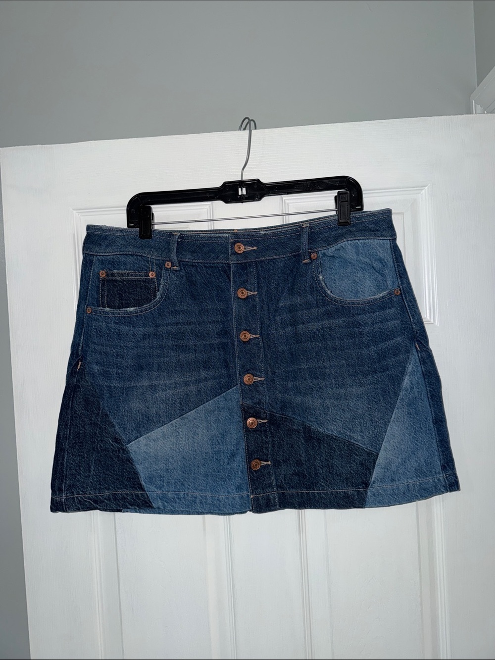 American Eagle Outfitters Dark Blue Patchwork Button-Front Mini Skirt